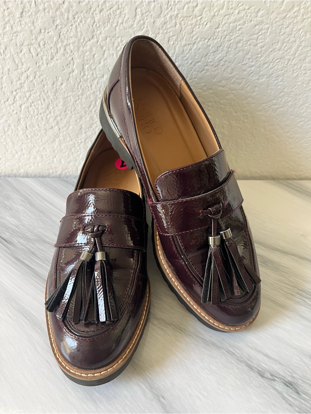 Franco Sarto Women's Burgundy Patent Tassel Loafers Flats 7 Chunky New Quality